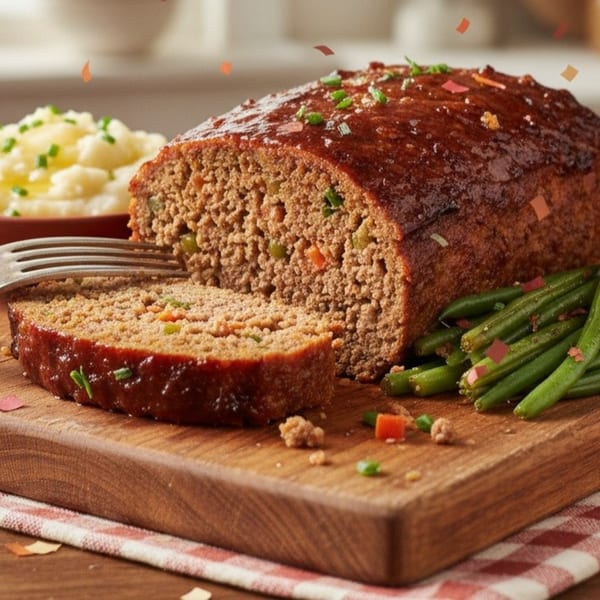 A sliced meatloaf with gravy, green beans, and mashed potatoes on a wooden board.